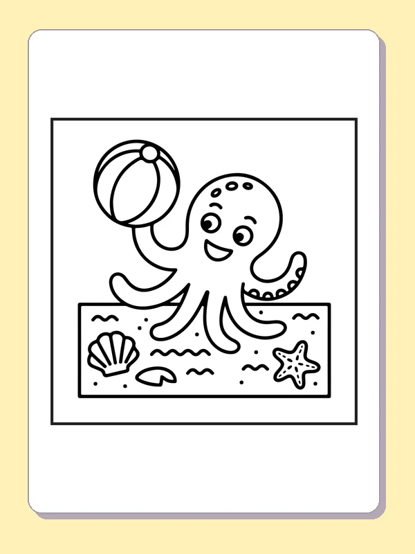 Black and white printable octopus at the shoreline coloring sheet