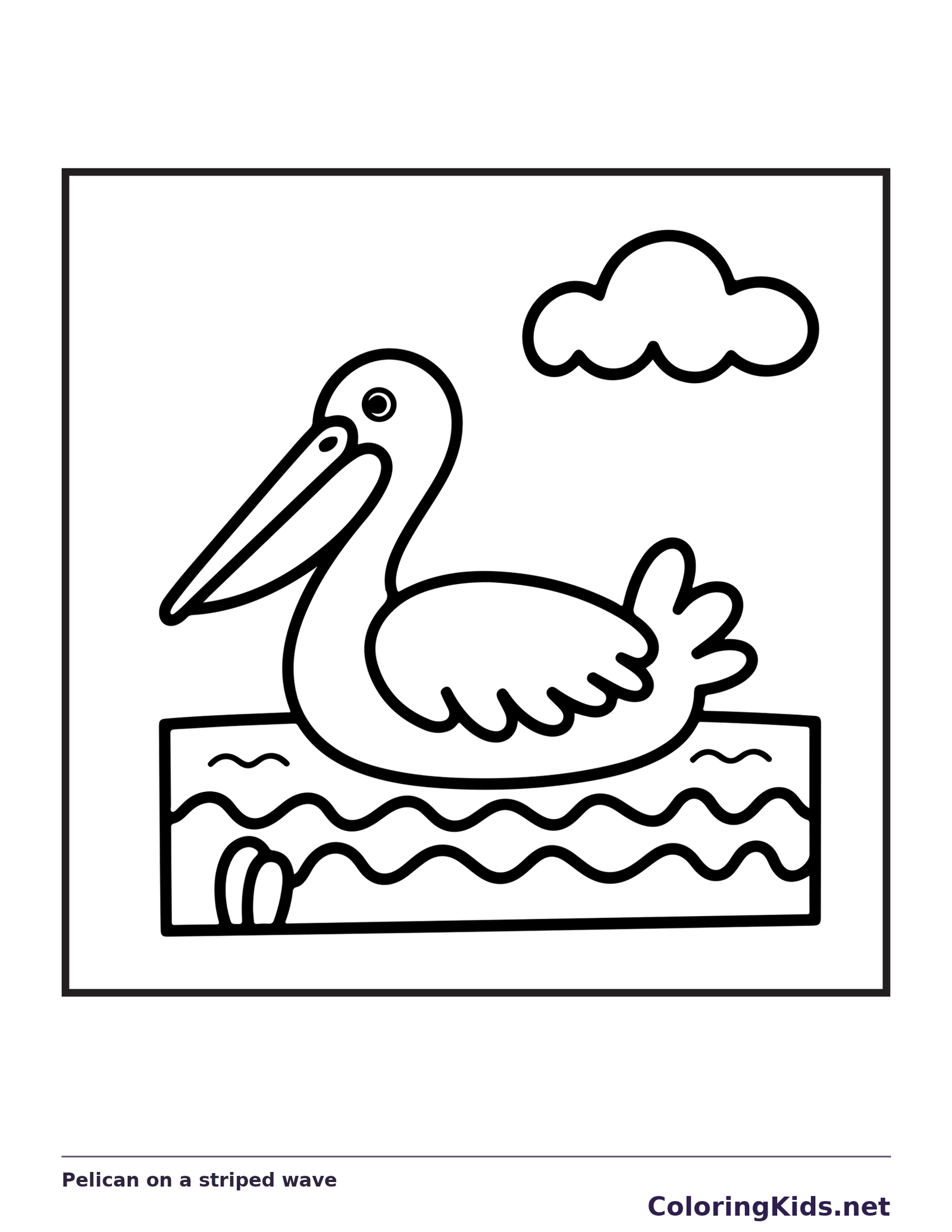 Black and white printable pelican on a striped wave coloring sheet