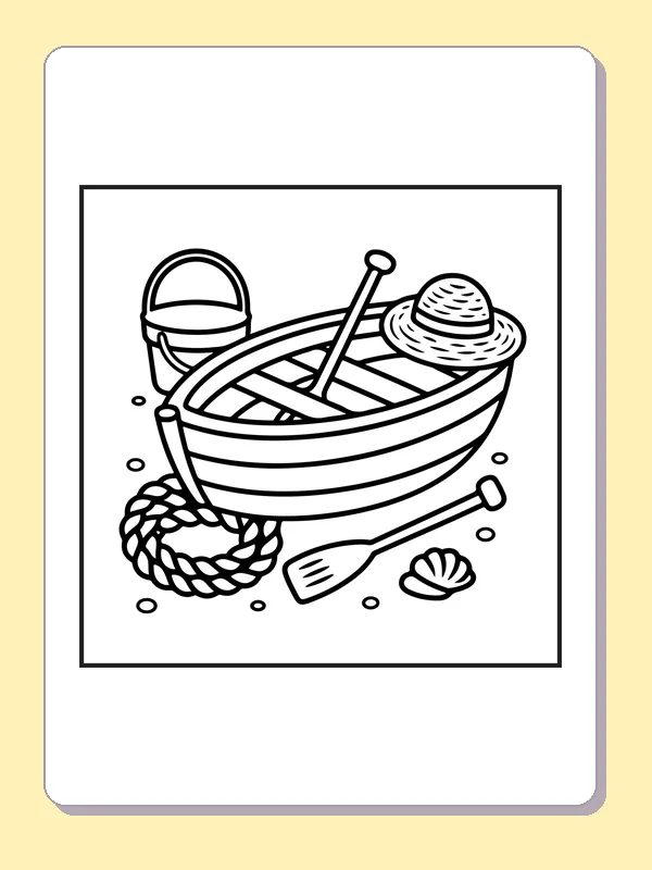 Black and white printable rowboat with oars and rope coloring sheet