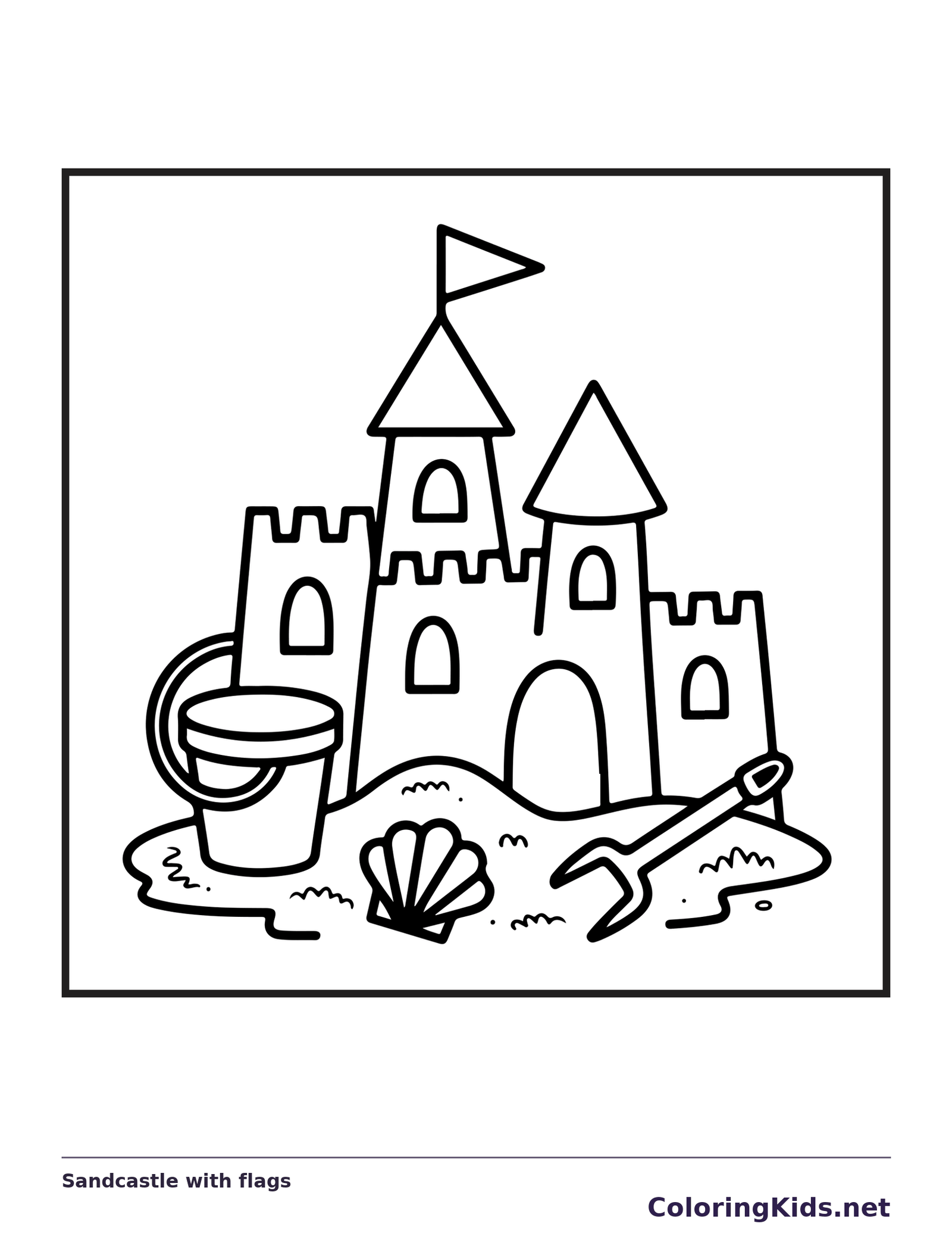 Black and white printable sandcastle with flags coloring sheet