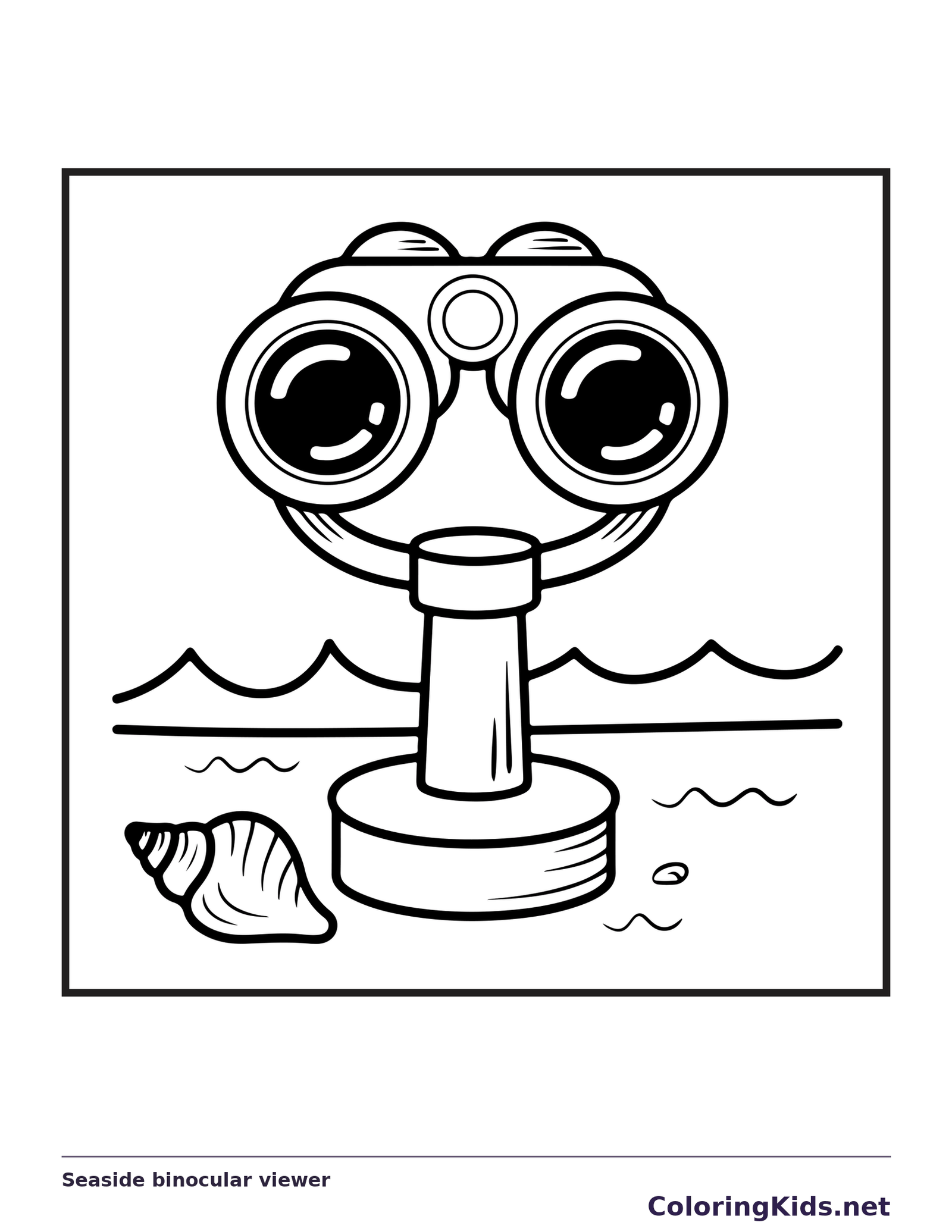 Black and white printable seaside binocular viewer coloring sheet