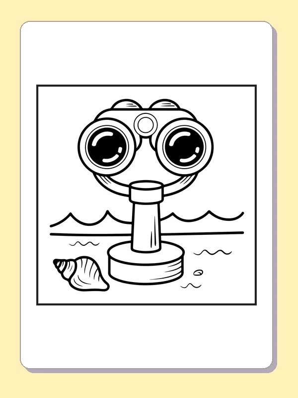 Black and white printable seaside binocular viewer coloring sheet