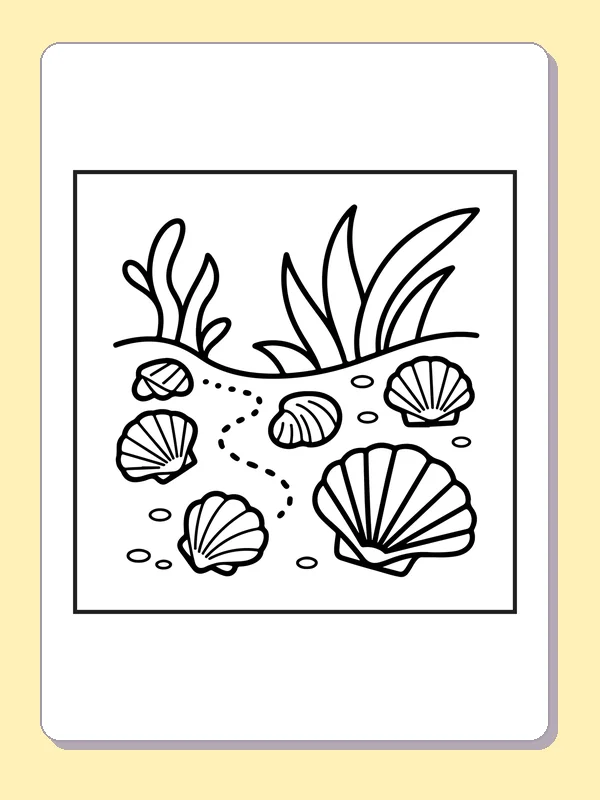 Black and white printable shells scattered along sand coloring sheet