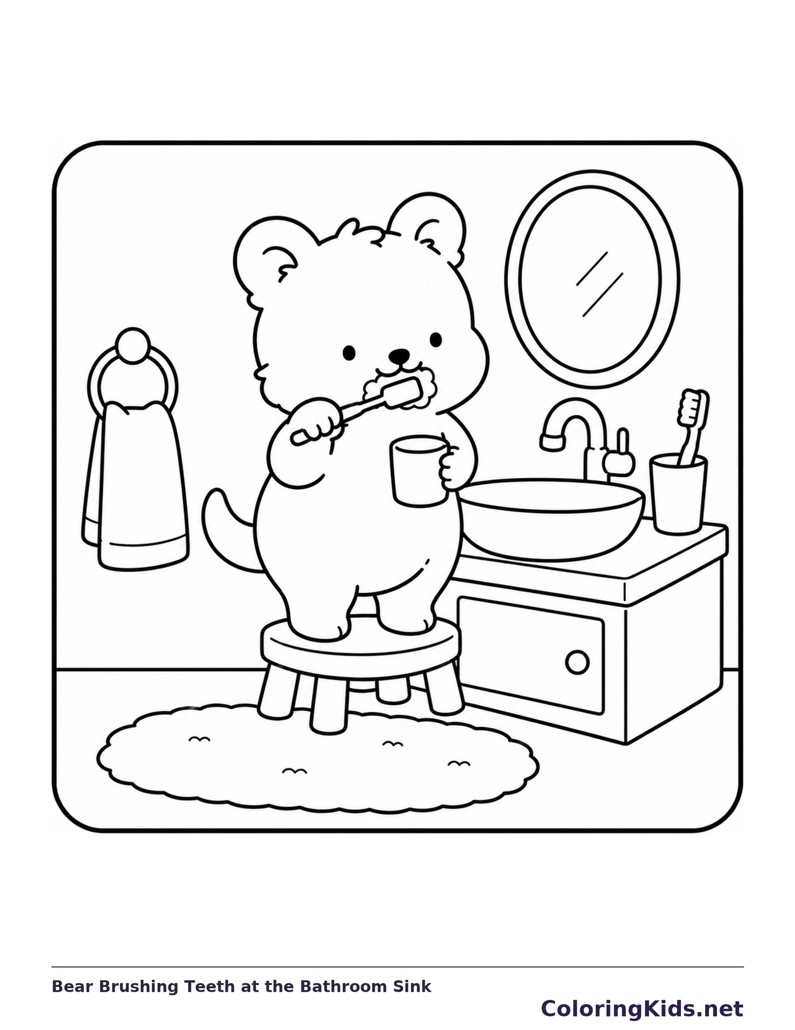 Black and white printable drawing of bear brushing its teeth on a stool beside a sink and mirror
