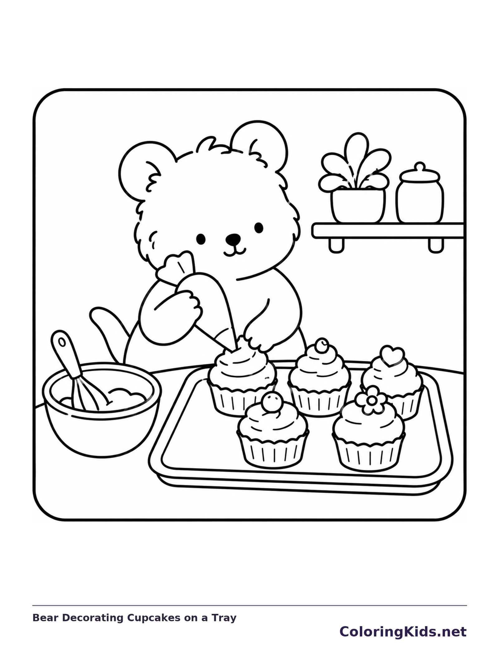 Black and white printable drawing of bear decorating five cupcakes beside a mixing bowl and whisk