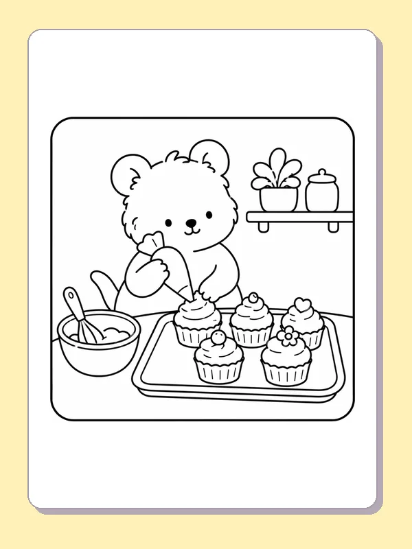 Black and white printable drawing of bear decorating five cupcakes beside a mixing bowl and whisk