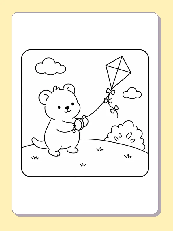 Black and white printable drawing of bear flying a diamond kite on a grassy hill