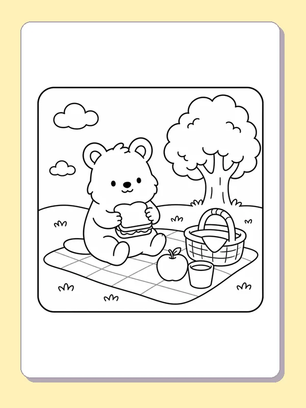 Black and white printable drawing of bear holding a sandwich on a picnic blanket beside an apple and basket