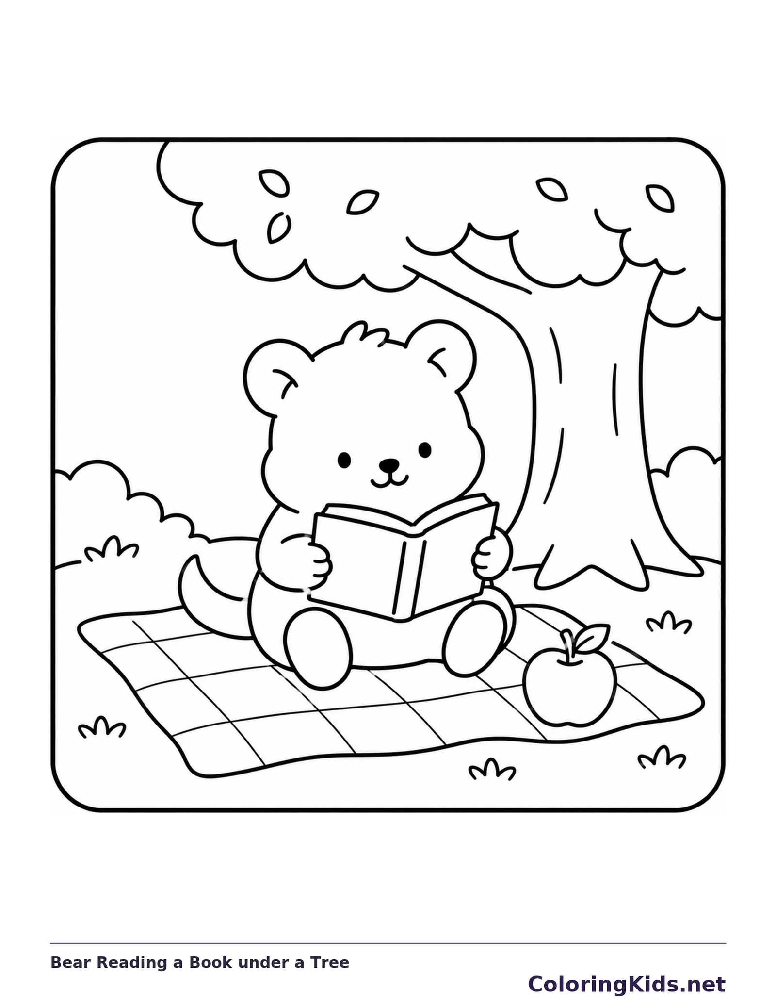 Black and white printable drawing of bear reading a book on a checked blanket beneath a tree