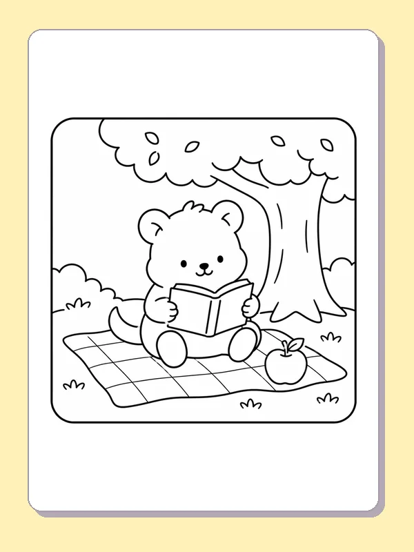 Black and white printable drawing of bear reading a book on a checked blanket beneath a tree