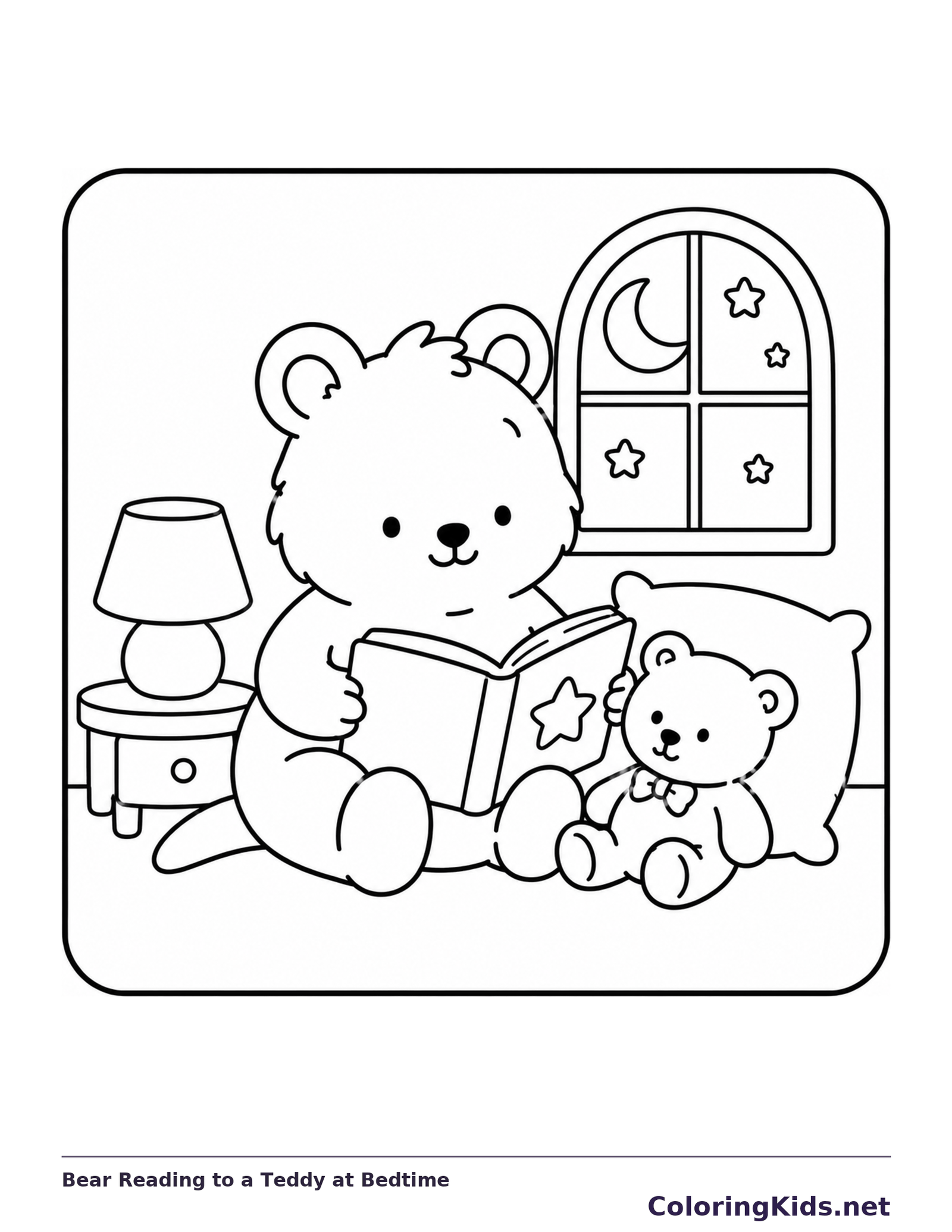 Black and white printable drawing of bear reading a book to a teddy bear beside a moonlit window