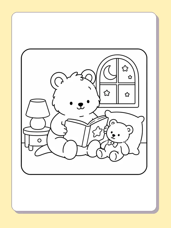 Black and white printable drawing of bear reading a book to a teddy bear beside a moonlit window