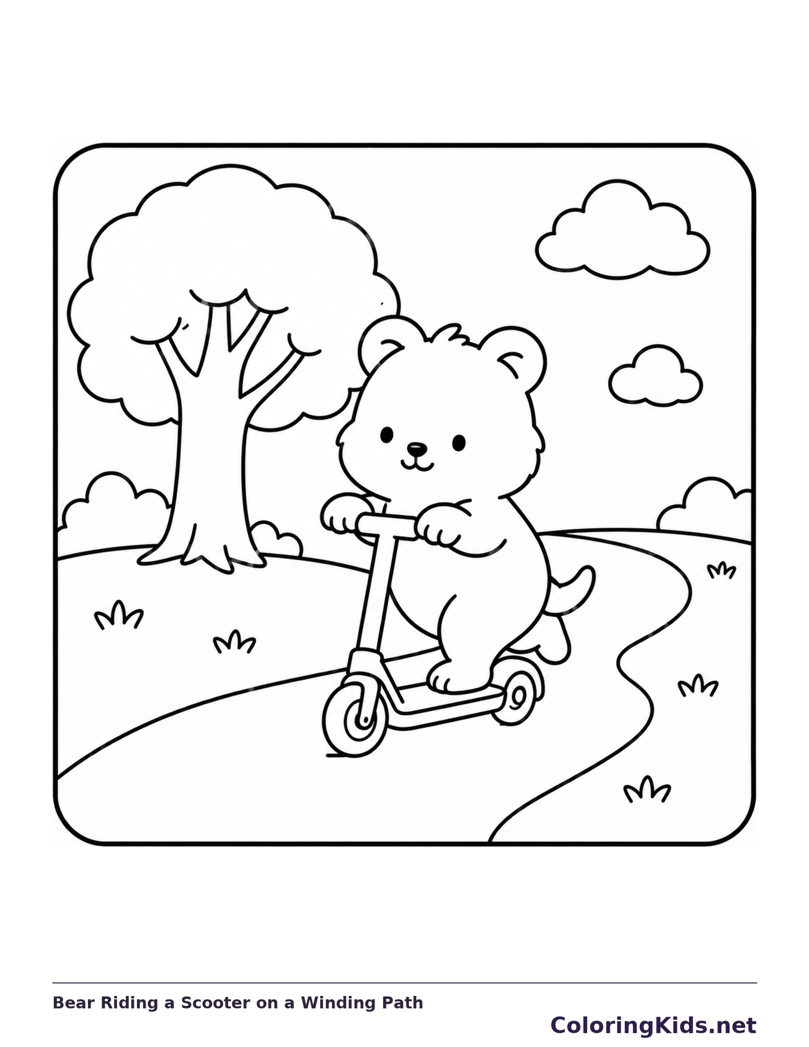Black and white printable drawing of bear riding a scooter along a winding path beneath a tree