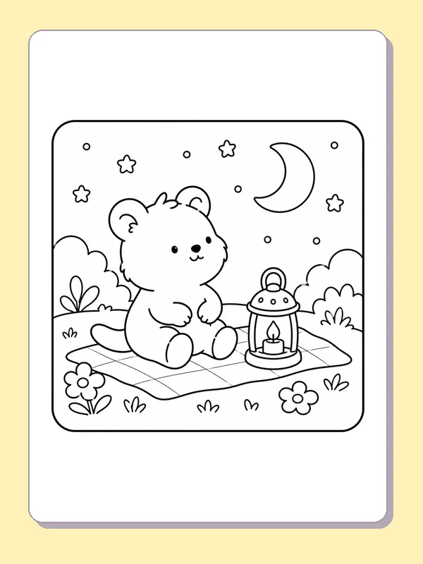 Black and white printable drawing of bear sitting beside a lantern beneath a crescent moon and stars