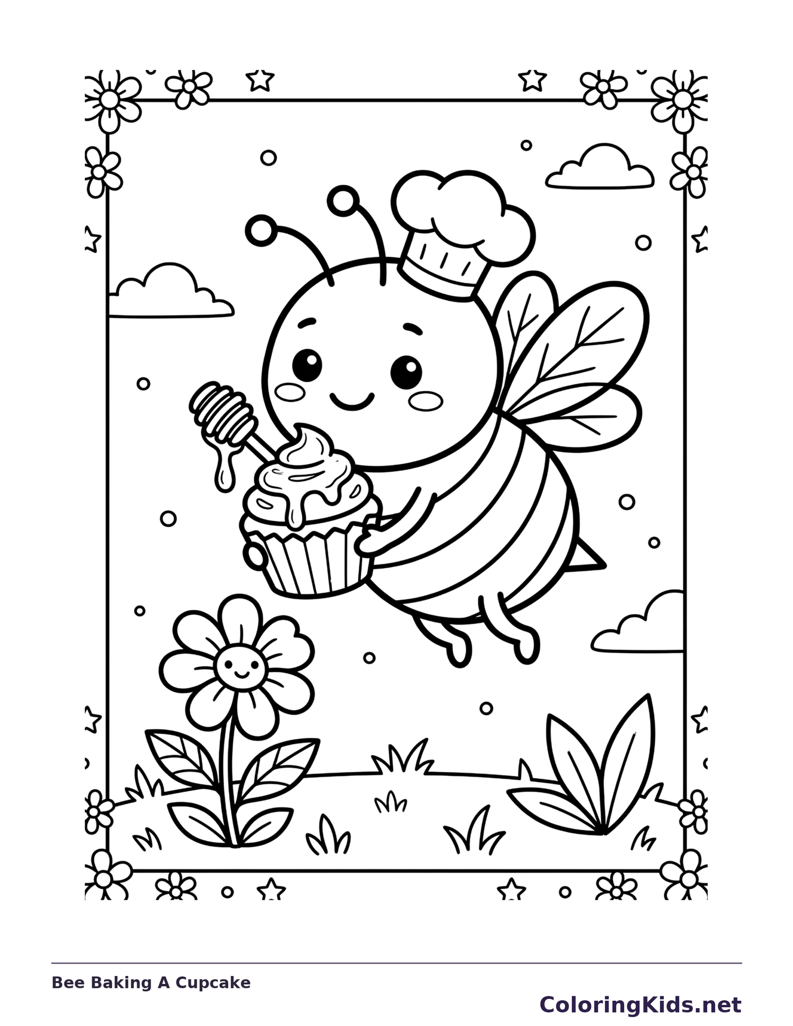 Bee Baking A Cupcake coloring page: black and white line art to print or color online