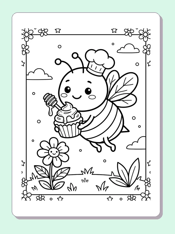 Bee Baking A Cupcake coloring page: black and white line art to print or color online