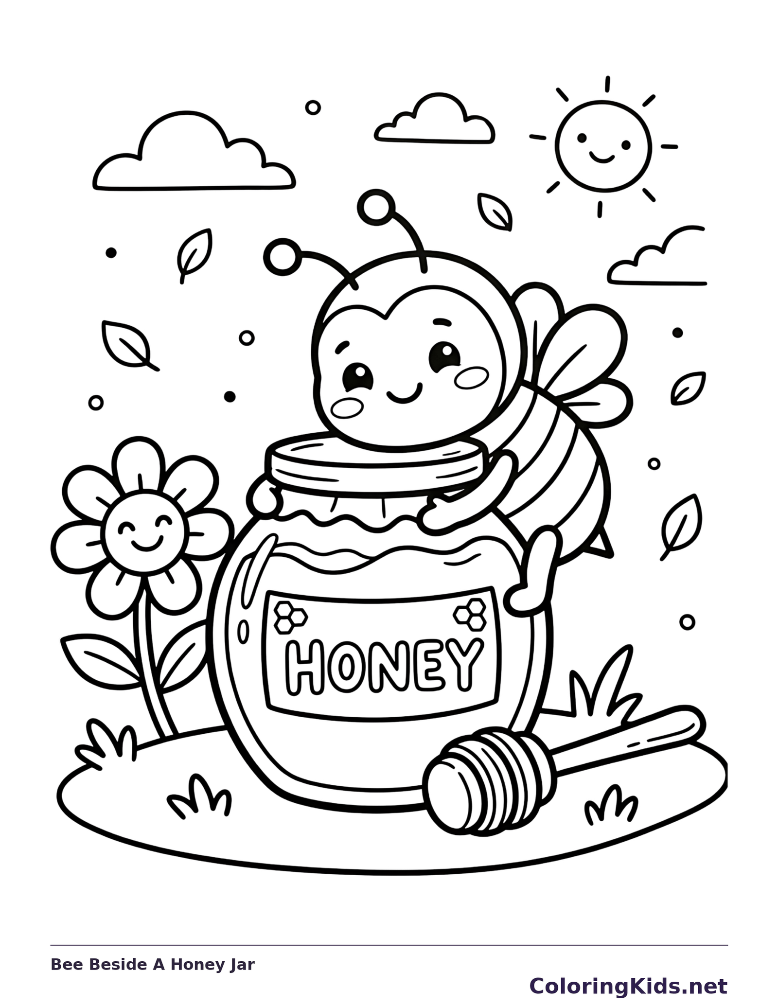 Bee Beside A Honey Jar coloring page: black and white line art to print or color online