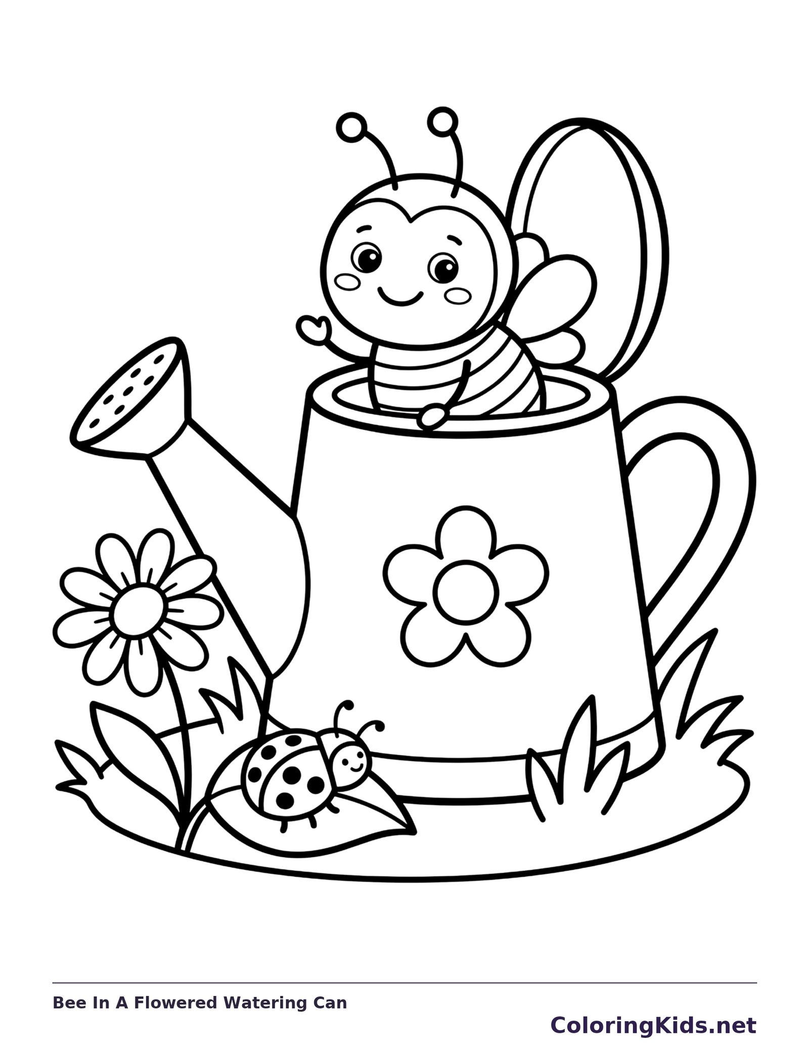 Bee In A Flowered Watering Can coloring page: black and white line art to print or color online