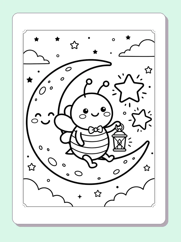 Bee On A Crescent Moon coloring page: black and white line art to print or color online