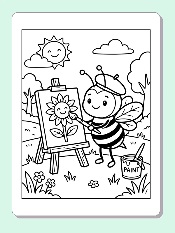 Bee Painting A Sunflower coloring page: black and white line art to print or color online