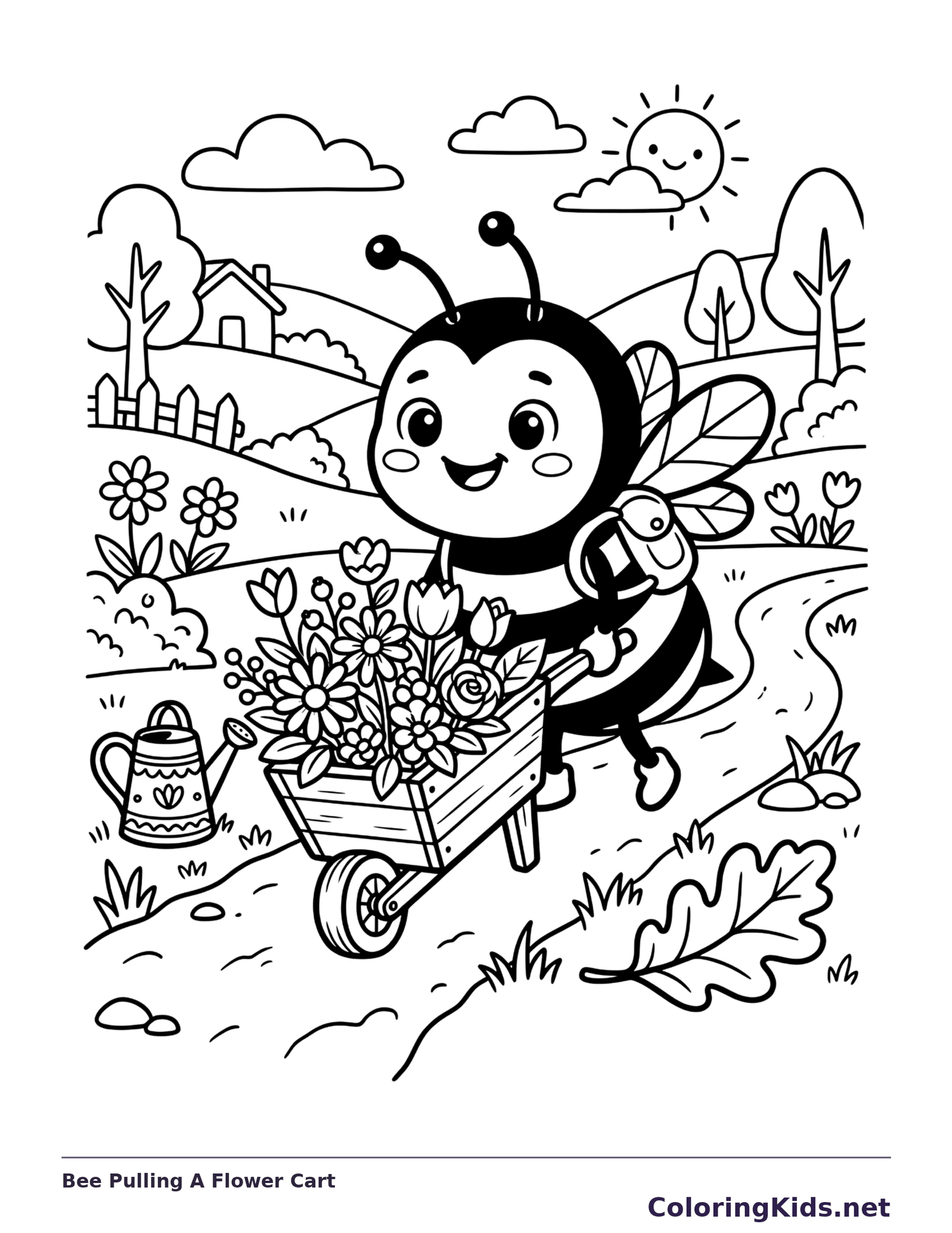 Bee Pulling A Flower Cart coloring page: black and white line art to print or color online