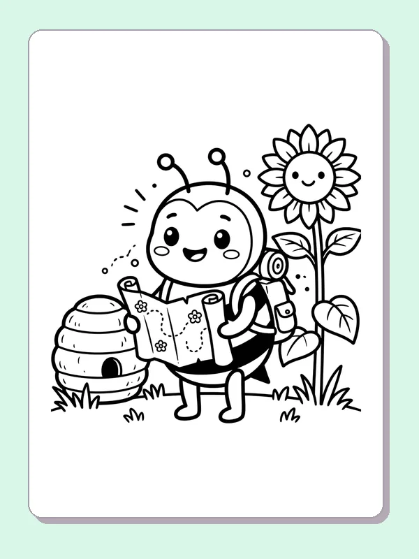 Bee Reading A Garden Map coloring page: black and white line art to print or color online