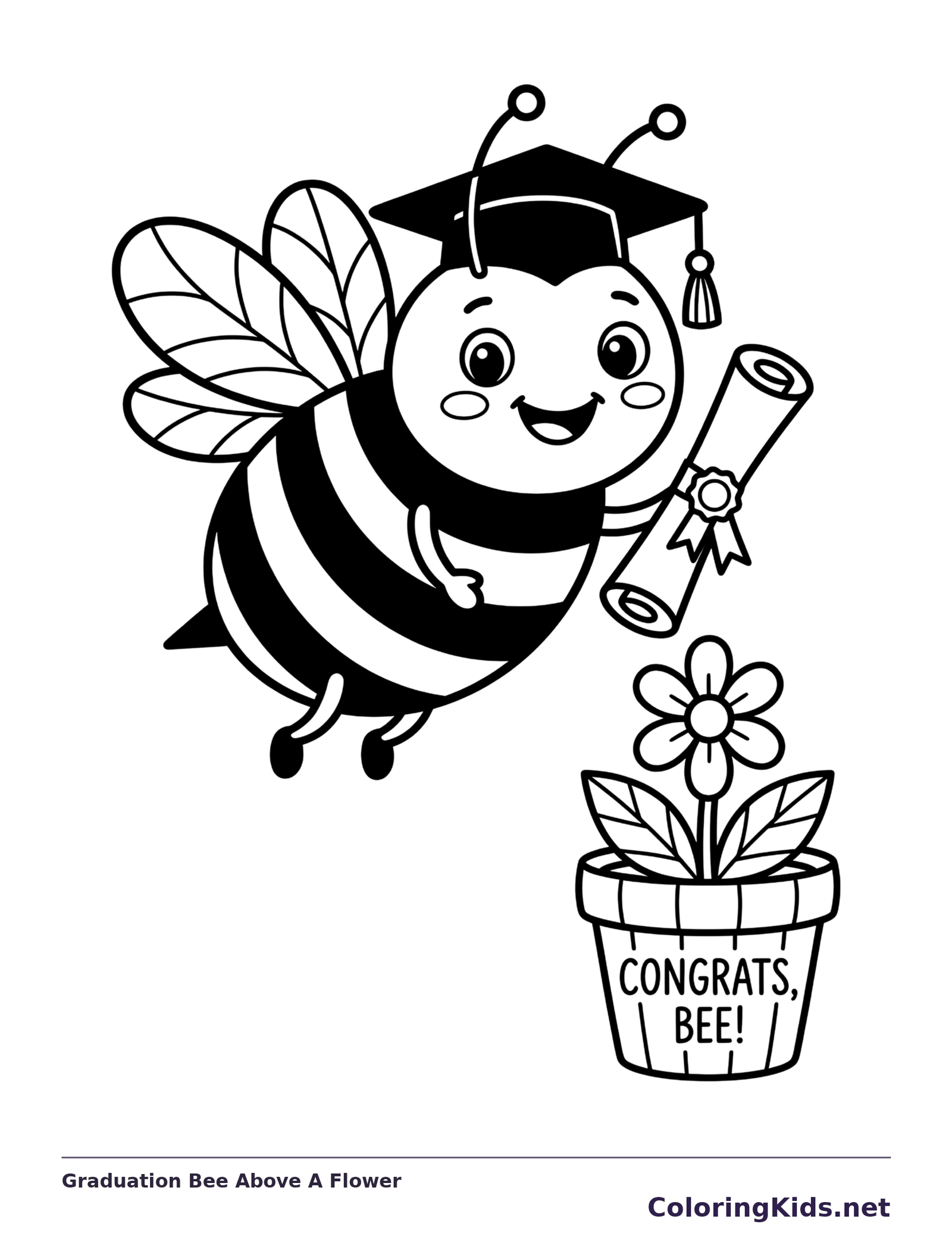 Graduation Bee Above A Flower coloring page: black and white line art to print or color online