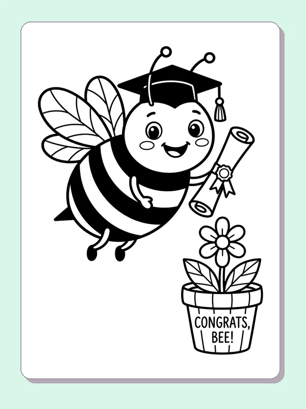 Graduation Bee Above A Flower coloring page: black and white line art to print or color online