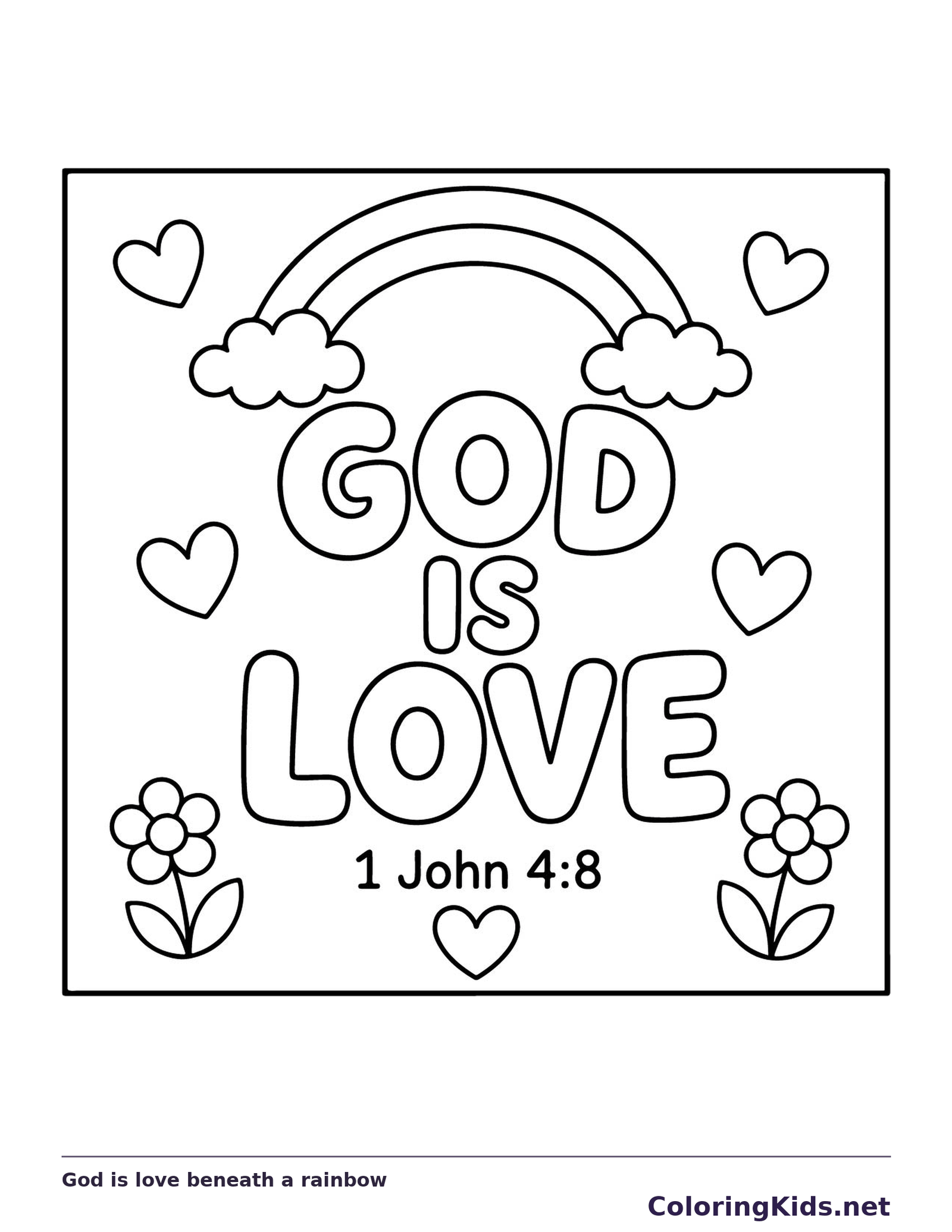 God is love beneath a rainbow coloring page | ColoringKids.net