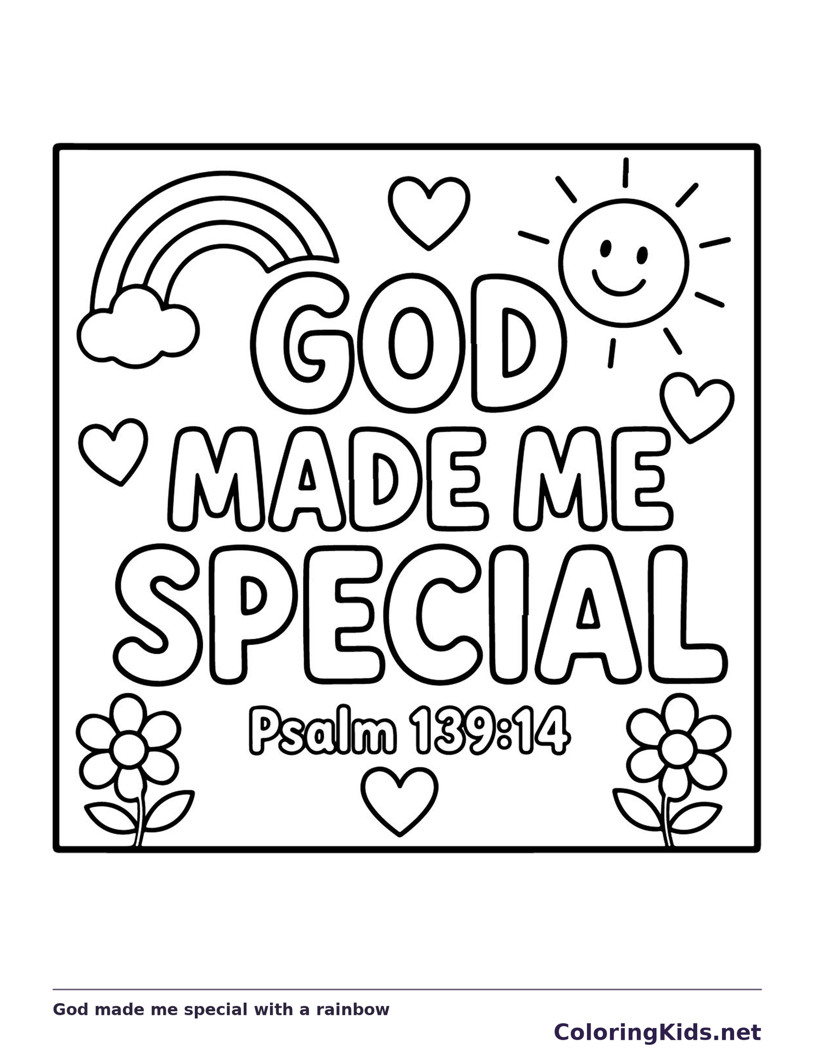 Black and white printable god made me special with a rainbow coloring sheet