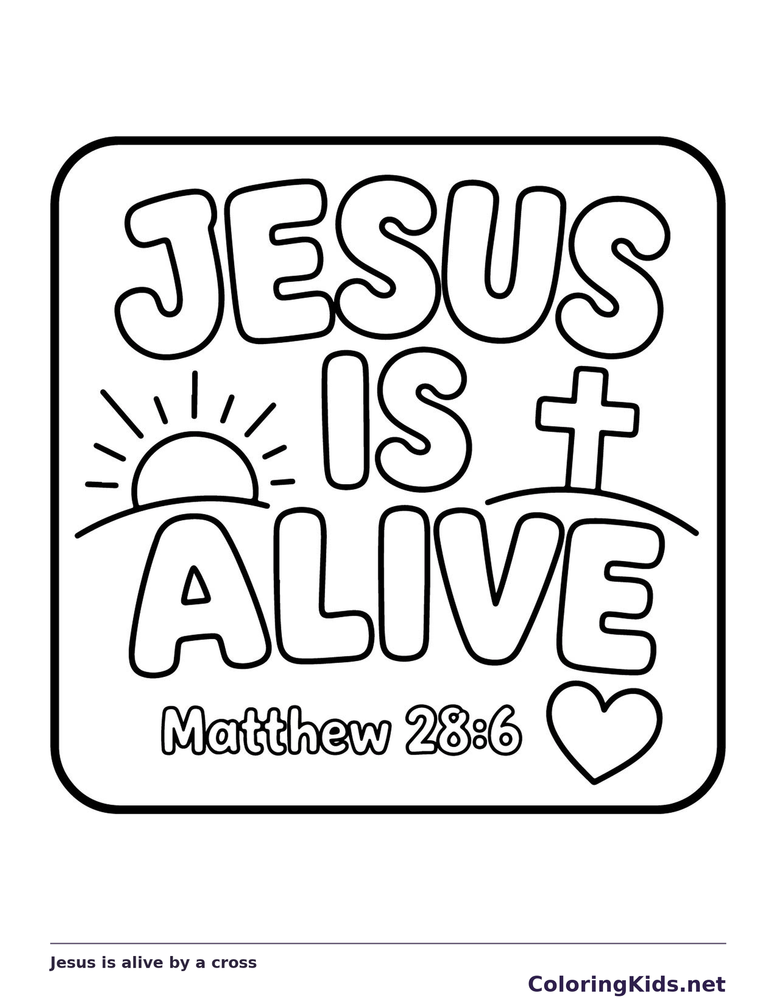 Black and white printable jesus is alive by a cross coloring sheet