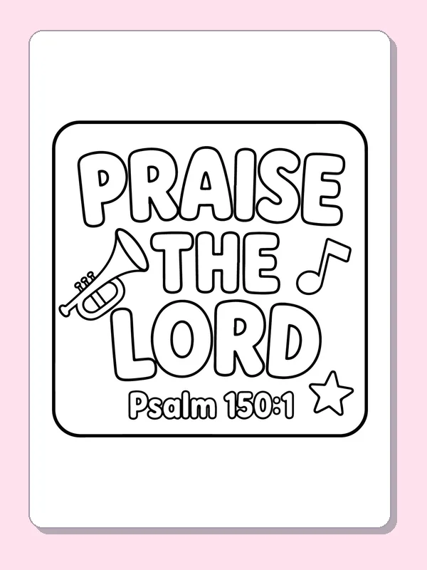 Black and white printable praise the lord with a trumpet coloring sheet