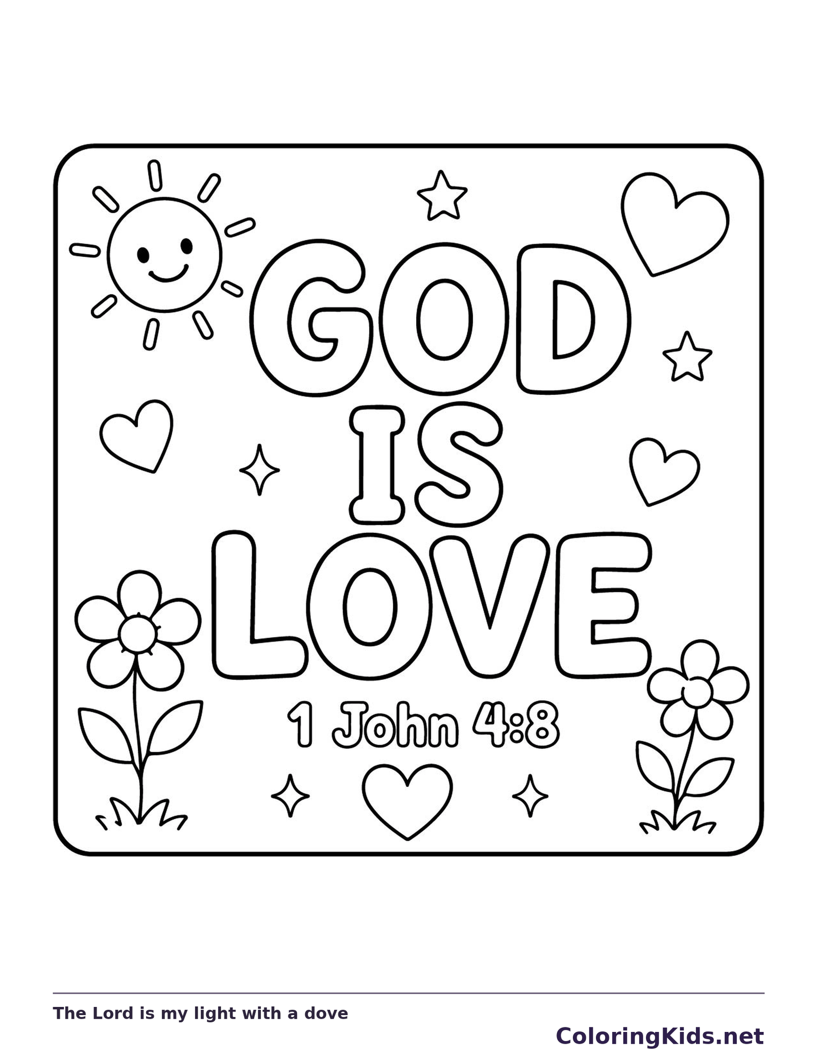 Black and white printable the lord is my light with a dove coloring sheet
