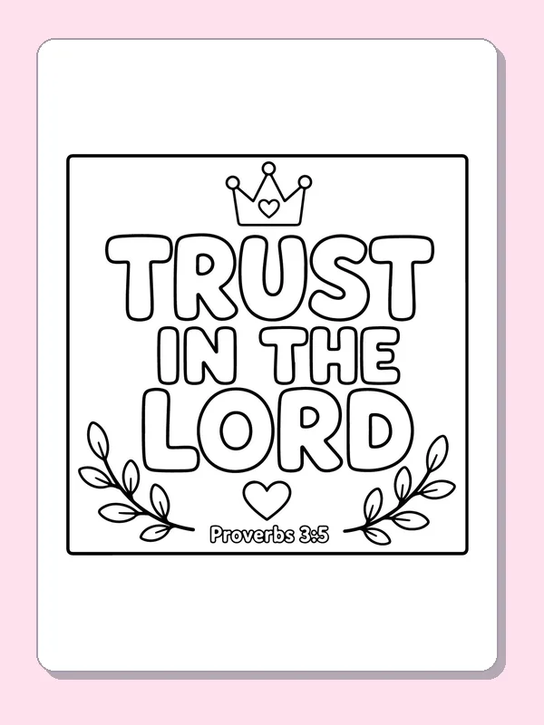 Black and white printable trust in the lord with leaves coloring sheet