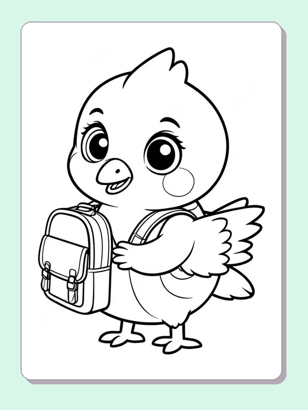 Black and white printable bird coloring page of a Standing round bird carrying a small rectangular backpack