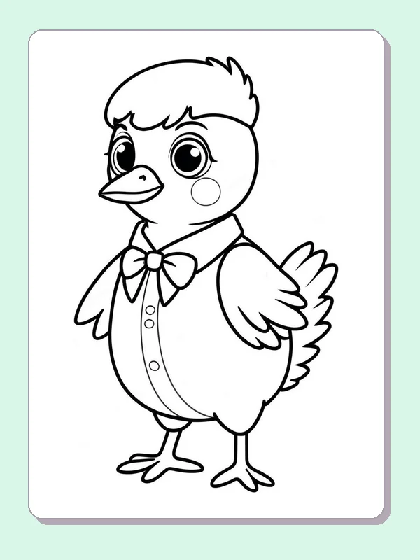 Black and white printable bird coloring page of a Standing cartoon bird with a bow tie and buttoned vest