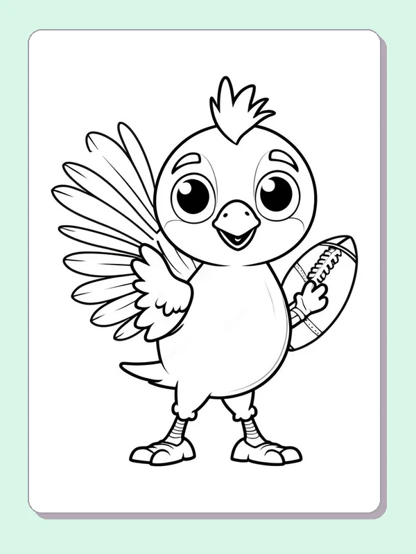 Printable coloring page of a smiling bird holding a laced American football