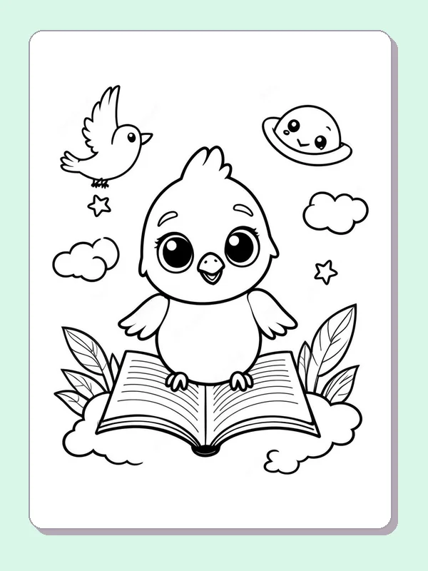 Black and white printable bird coloring page of a Small bird standing on an open book below stars, clouds and planet