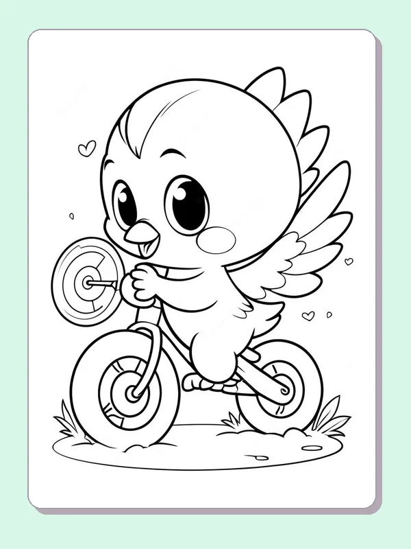 Black and white printable bird coloring page of a Smiling cartoon bird riding a tiny bicycle with one wing raised