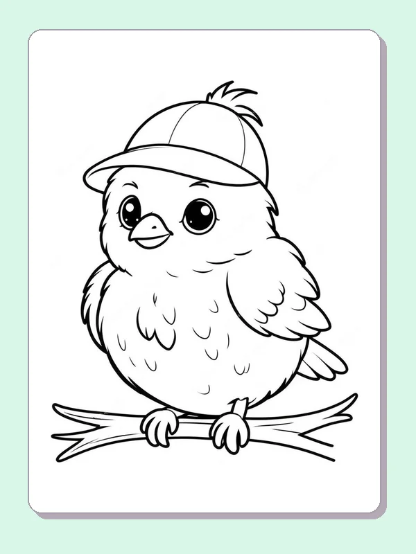 Black and white printable bird coloring page of a Fluffy round bird wearing a baseball cap on a bare branch