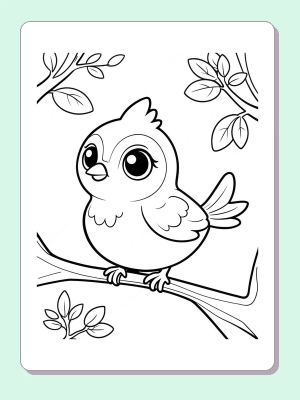 Black and white printable bird coloring page of a Round little bird perched on a leafy branch