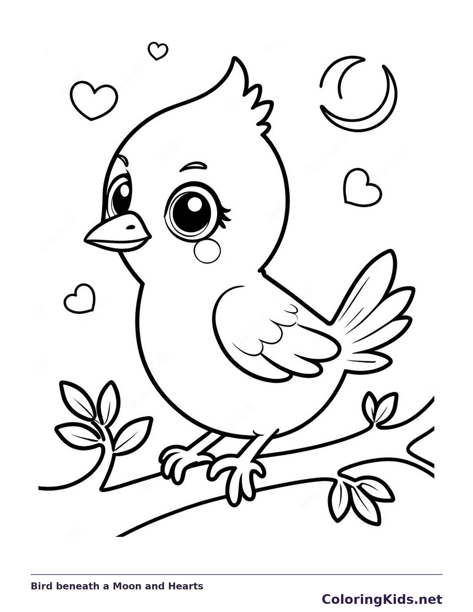 Black and white printable bird coloring page of a Round bird perched beneath a crescent moon and floating hearts