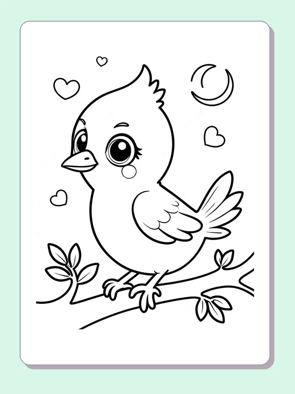 Black and white printable bird coloring page of a Round bird perched beneath a crescent moon and floating hearts