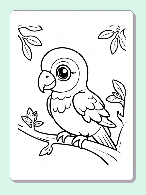 Black and white printable bird coloring page of a Round parrot with hooked beak perched on a tree branch