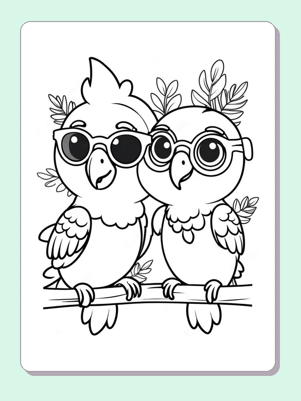 Black and white printable bird coloring page of a Two round birds in large glasses sitting together on a branch
