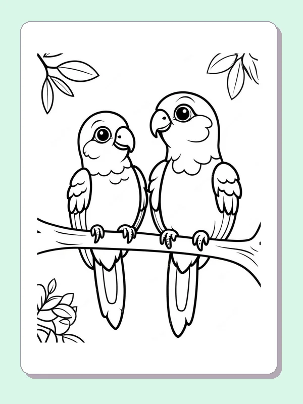 Black and white printable bird coloring page of a Pair of parrots with hooked beaks and long hanging tails on a branch