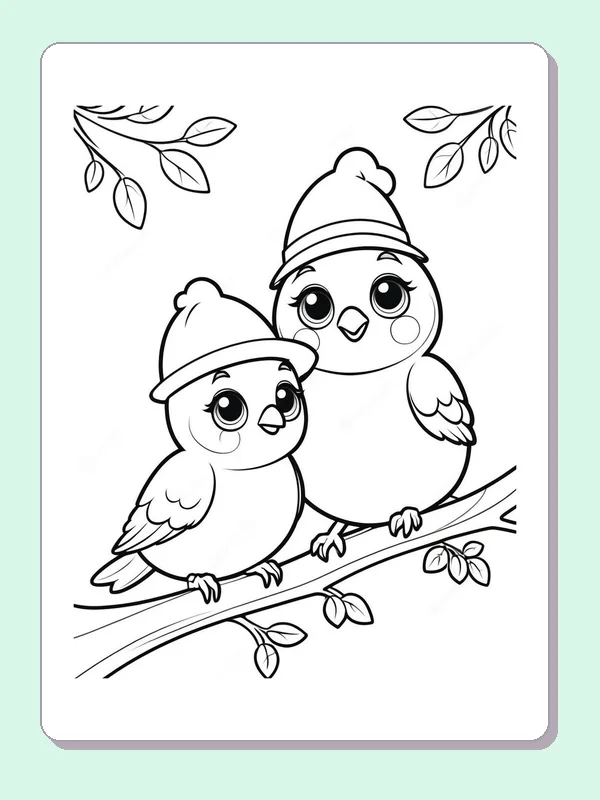 Black and white printable bird coloring page of a Two round birds wearing knit winter hats on a leafy branch