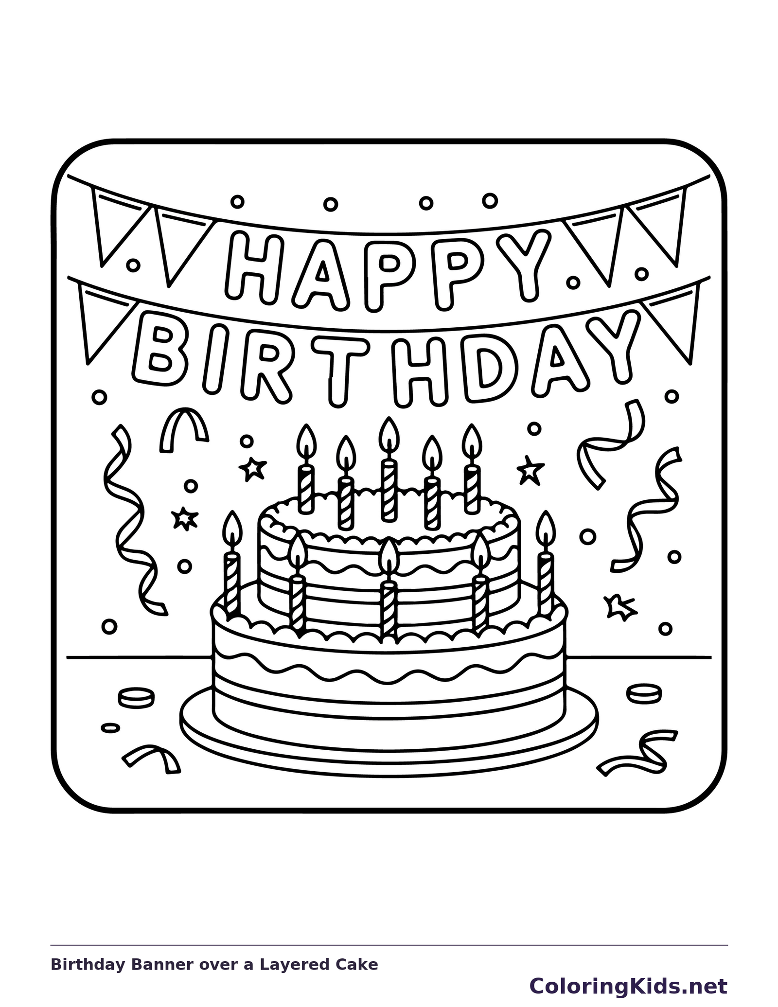 Birthday Banner over a Layered Cake printable coloring page showing a triangular happy birthday banner hangs above a candlelit layered cake in black and white outlines