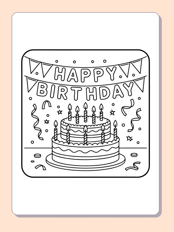Birthday Banner over a Layered Cake printable coloring page showing a triangular happy birthday banner hangs above a candlelit layered cake in black and white outlines
