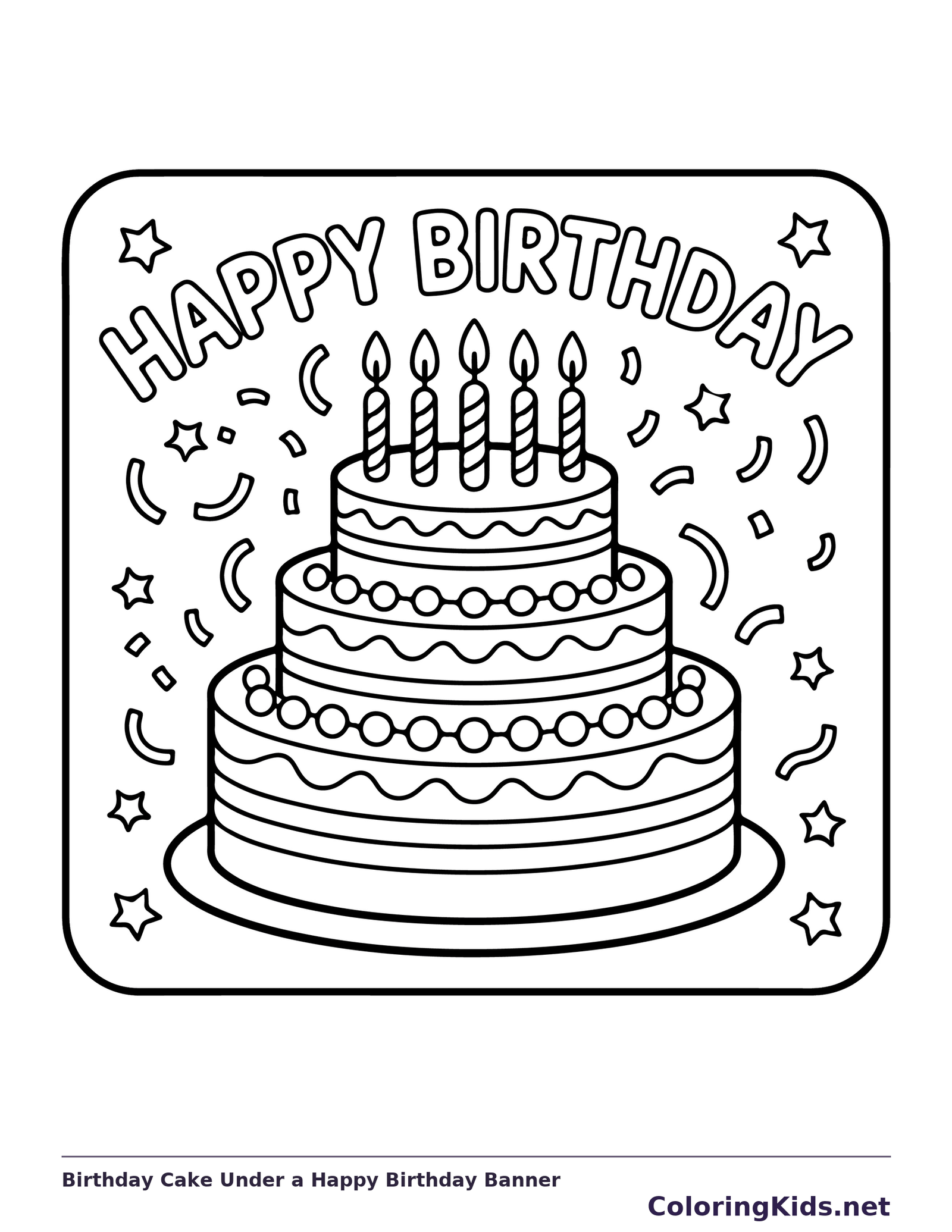 Birthday Cake Under a Happy Birthday Banner printable coloring page showing a three-tier cake stands beneath outlined happy birthday letters, surrounded by confetti and stars in black and white outlines